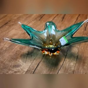 Beautiful Teal And Amber Stretched Glass murano not marked box zap